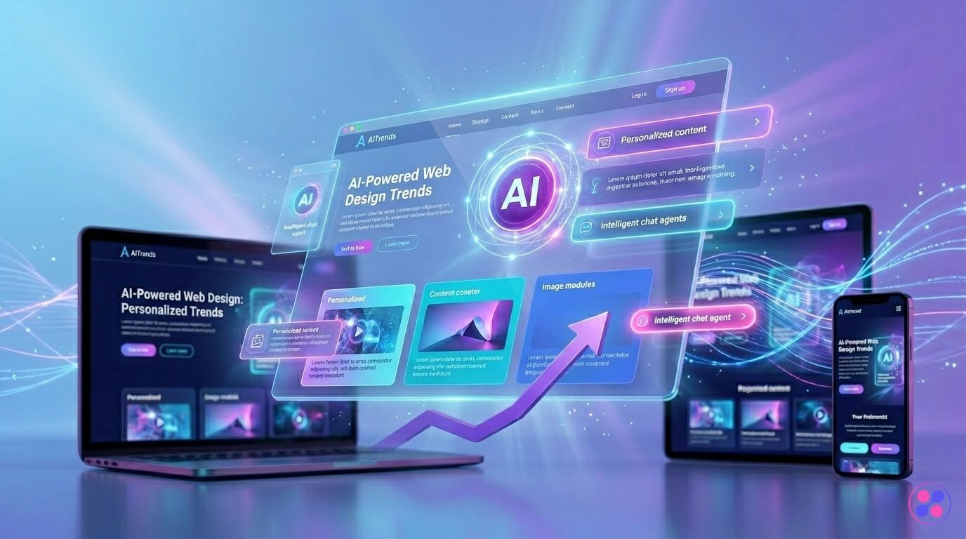 AI-powered web design trends 2026 showing intelligent website interface with neural networks, hyper-personalization