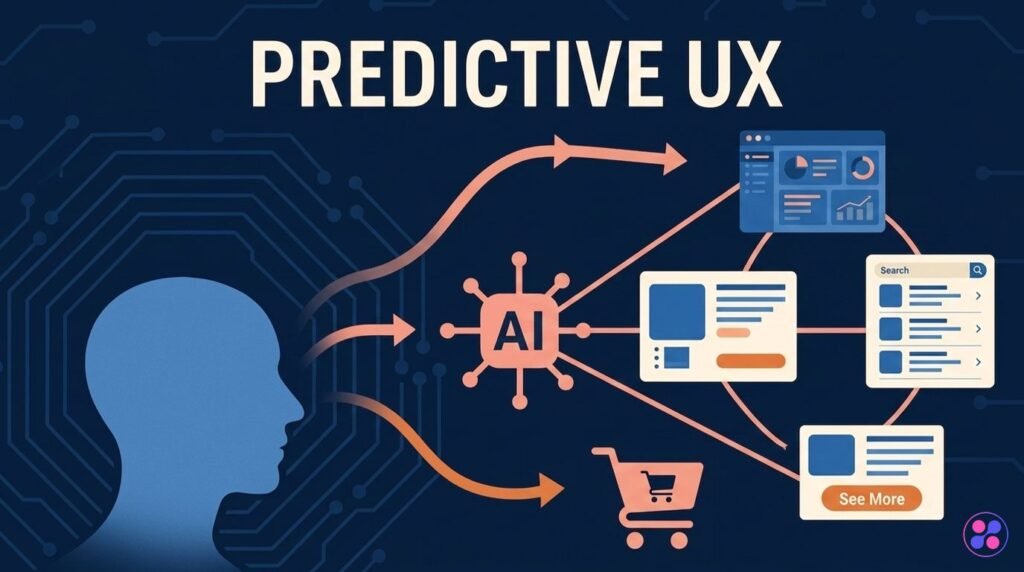 Predictive UX in AI-powered web design 2026 showing intelligent interface that anticipates user behavior with real-time adaptive layout, smart navigation, and personalized elements